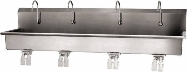 SANI-LAV - 77" Long x 16-1/2" Wide Inside, 1 Compartment, Grade 304 Stainless Steel (4) Person Wash-Station with Double Foot Valves - 16 Gauge, 80" Long x 20" Wide x 18" High Outside, 8" Deep - All Tool & Supply