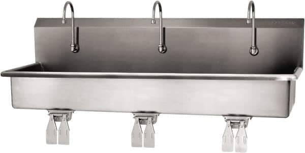 SANI-LAV - 57" Long x 16-1/2" Wide Inside, 1 Compartment, Grade 304 Stainless Steel (3) Person Wash-Station with Double Foot Valves - 16 Gauge, 60" Long x 20" Wide x 18" High Outside, 8" Deep - All Tool & Supply