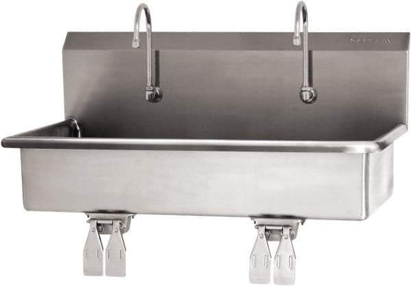 SANI-LAV - 37" Long x 16-1/2" Wide Inside, 1 Compartment, Grade 304 Stainless Steel (2) Person Wash-Station with Double Foot Valves - 16 Gauge, 40" Long x 20" Wide x 18" High Outside, 8" Deep - All Tool & Supply