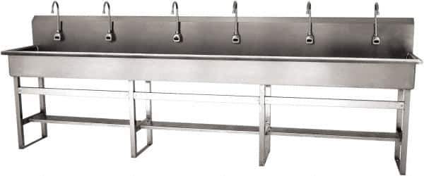 SANI-LAV - 117" Long x 16-1/2" Wide Inside, 1 Compartment, Grade 304 Stainless Steel (6) Person Wash-Station with Electronic Faucet - 16 Gauge, 120" Long x 20" Wide x 45" High Outside, 8" Deep - All Tool & Supply