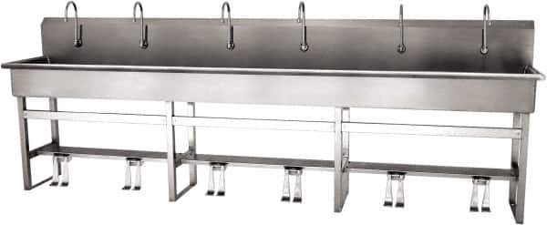 SANI-LAV - 117" Long x 16-1/2" Wide Inside, 1 Compartment, Grade 304 Stainless Steel (6) Person Wash-Station with Double Foot Valves - 16 Gauge, 120" Long x 20" Wide x 45" High Outside, 8" Deep - All Tool & Supply