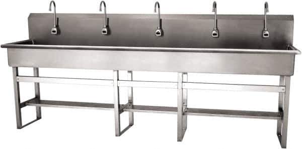 SANI-LAV - 97" Long x 16-1/2" Wide Inside, 1 Compartment, Grade 304 Stainless Steel (5) Person Wash-Station with Electronic Faucet - 16 Gauge, 100" Long x 20" Wide x 45" High Outside, 8" Deep - All Tool & Supply