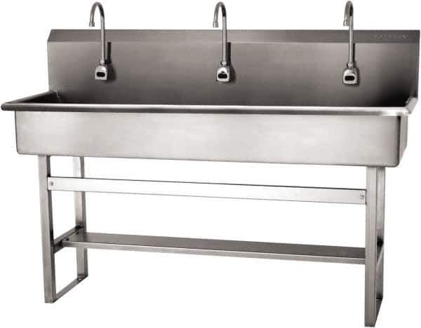 SANI-LAV - 57" Long x 16-1/2" Wide Inside, 1 Compartment, Grade 304 Stainless Steel (4) Person Wash-Station with Electronic Faucet - 16 Gauge, 60" Long x 20" Wide x 45" High Outside, 8" Deep - All Tool & Supply