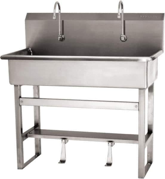 SANI-LAV - 37" Long x 16-1/2" Wide Inside, 1 Compartment, Grade 304 Stainless Steel (3) Person Wash-Station with Single Foot Valves - 16 Gauge, 40" Long x 20" Wide x 45" High Outside, 8" Deep - All Tool & Supply