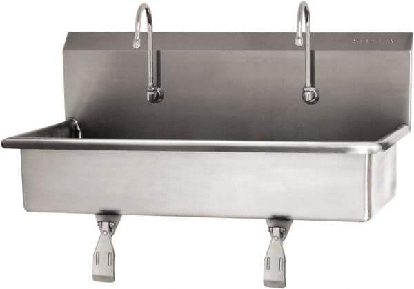 SANI-LAV - 37" Long x 16-1/2" Wide Inside, 1 Compartment, Grade 304 Stainless Steel (2) Person Wash-Station with Single Foot Valves - 16 Gauge, 40" Long x 20" Wide x 18" High Outside, 8" Deep - All Tool & Supply