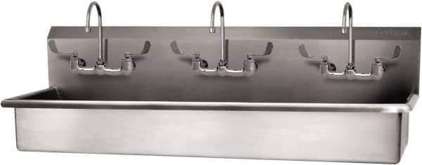 SANI-LAV - 57" Long x 16-1/2" Wide Inside, 1 Compartment, Grade 304 Stainless Steel (3) Person Wash-Station with Manual Faucet - 16 Gauge, 60" Long x 20" Wide x 18" High Outside, 8" Deep - All Tool & Supply