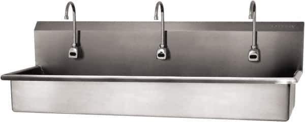 SANI-LAV - 57" Long x 16-1/2" Wide Inside, 1 Compartment, Grade 304 Stainless Steel (3) Person Wash-Station with Electronic Faucet - 16 Gauge, 60" Long x 20" Wide x 18" High Outside, 8" Deep - All Tool & Supply