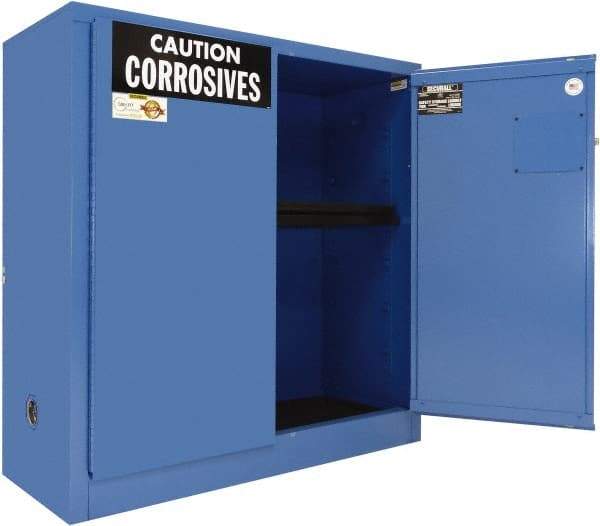 Securall Cabinets - 2 Door, 1 Shelf, Blue Steel Standard Safety Cabinet for Corrosive Chemicals - 44" High x 43" Wide x 18" Deep, Manual Closing Door, 3 Point Key Lock, 30 Gal Capacity - All Tool & Supply