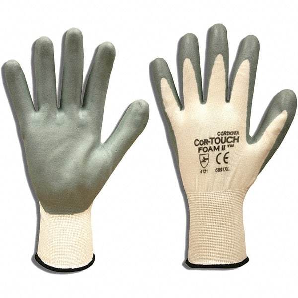 Cordova - Size M, ANSI Cut Lvl 1, Puncture Lvl 1, Abrasion Lvl 4, Cut & Puncture Resistant Gloves - Palm Coated, White/Gray - All Tool & Supply
