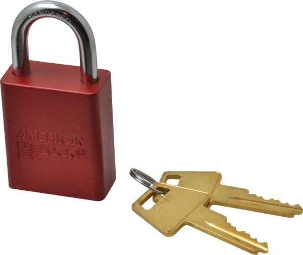 American Lock - Keyed Alike Conductive Lockout Padlock - 1" Shackle Clearance, 1/4" Shackle Diam, 1.8" Body Height x 1-1/2" Body Width, Red, 5 Pins - All Tool & Supply