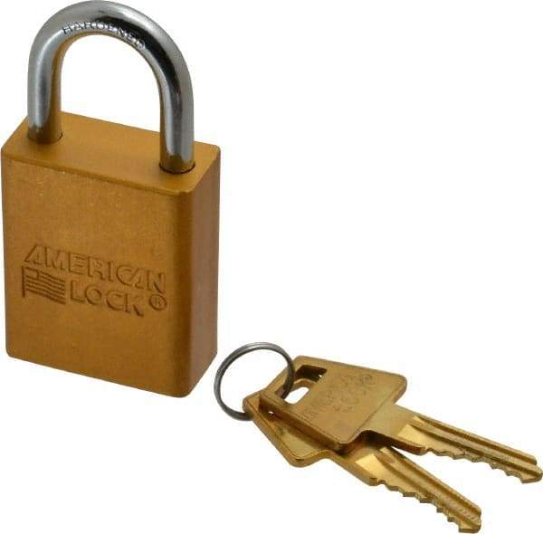 American Lock - Keyed Alike Conductive Lockout Padlock - 1" Shackle Clearance, 1/4" Shackle Diam, 1.8" Body Height x 1-1/2" Body Width, Yellow, 5 Pins - All Tool & Supply