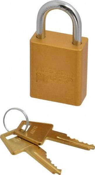 American Lock - Keyed Alike Conductive Lockout Padlock - 1" Shackle Clearance, 1/4" Shackle Diam, 1.8" Body Height x 1-1/2" Body Width, Yellow, 5 Pins - All Tool & Supply