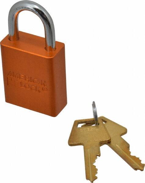 American Lock - Keyed Alike Conductive Lockout Padlock - 1" Shackle Clearance, 1/4" Shackle Diam, 1.8" Body Height x 1-1/2" Body Width, Orange, 5 Pins - All Tool & Supply