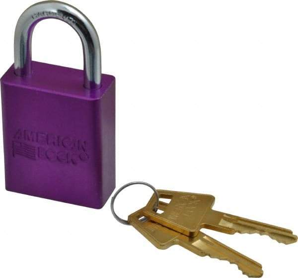 American Lock - Keyed Different Conductive Lockout Padlock - 1" Shackle Clearance, 1/4" Shackle Diam, 1.8" Body Height x 1-1/2" Body Width, Purple, 5 Pins - All Tool & Supply