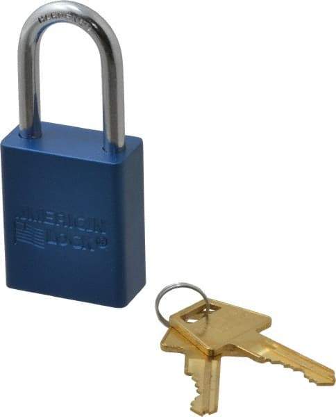 American Lock - Keyed Alike Conductive Lockout Padlock - 1-1/2" Shackle Clearance, 1/4" Shackle Diam, 1.8" Body Height x 1-1/2" Body Width, Blue, 5 Pins - All Tool & Supply