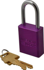 American Lock - Keyed Alike Conductive Lockout Padlock - 1-1/2" Shackle Clearance, 1/4" Shackle Diam, 1.8" Body Height x 1-1/2" Body Width, Purple, 5 Pins - All Tool & Supply