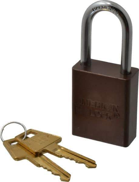 American Lock - Keyed Alike Conductive Lockout Padlock - 1-1/2" Shackle Clearance, 1/4" Shackle Diam, 1.8" Body Height x 1-1/2" Body Width, Brown, 5 Pins - All Tool & Supply