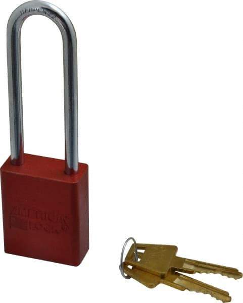 American Lock - Keyed Alike Conductive Lockout Padlock - 3" Shackle Clearance, 1/4" Shackle Diam, 1.8" Body Height x 1-1/2" Body Width, Red, 5 Pins - All Tool & Supply