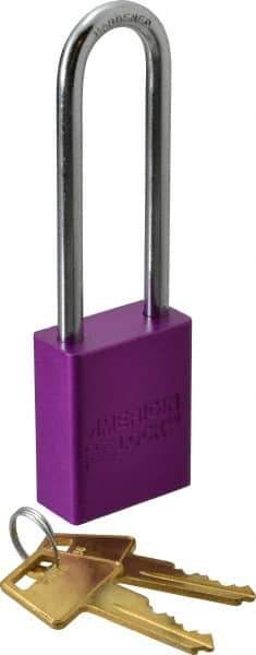 American Lock - Keyed Alike Conductive Lockout Padlock - 3" Shackle Clearance, 1/4" Shackle Diam, 1.8" Body Height x 1-1/2" Body Width, Purple, 5 Pins - All Tool & Supply