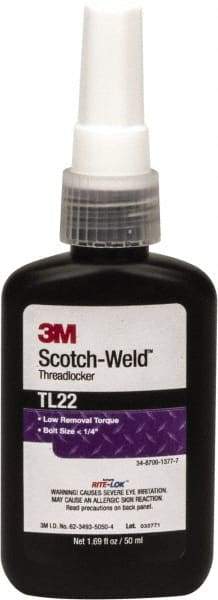 3M - 50 mL Bottle, Purple, Low Strength Liquid Threadlocker - Series TL22, 24 hr Full Cure Time, Hand Tool Removal - All Tool & Supply