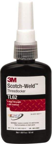 3M - 50 mL Bottle, Red, Medium Strength Liquid Threadlocker - Series TL62, 24 hr Full Cure Time, Hand Tool, Heat Removal - All Tool & Supply