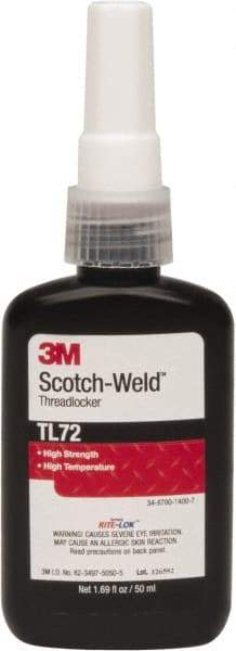 3M - 50 mL Bottle, Red, High Strength Liquid Threadlocker - Series TL72, 24 hr Full Cure Time, Hand Tool, Heat Removal - All Tool & Supply