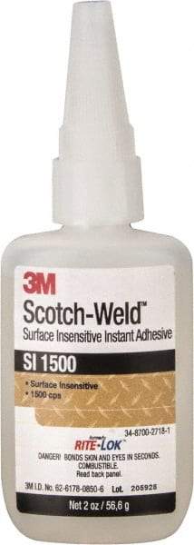 3M - 2 oz Bottle Clear Instant Adhesive - Series SI1500, 5 to 60 sec Working Time, 24 hr Full Cure Time, Bonds to Cardboard, Ceramic, Fabric, Fiberglass, Foam, Glass, Leather, Metal, Paper, Plastic, Rubber, Vinyl & Wood - All Tool & Supply