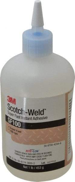 3M - 1 Lb Bottle Clear Instant Adhesive - Series SF100, 3 to 30 sec Working Time, 24 hr Full Cure Time, Bonds to Cardboard, Ceramic, Fabric, Fiberglass, Foam, Glass, Leather, Metal, Paper, Plastic, Rubber, Vinyl & Wood - All Tool & Supply