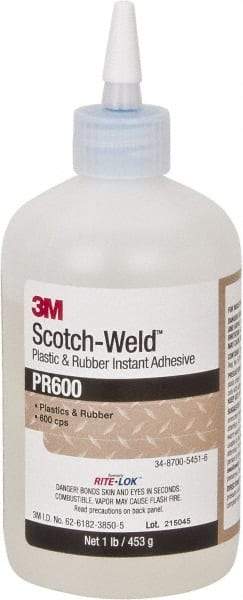 3M - 1 Lb Bottle Clear Instant Adhesive - Series PR600, 4 to 25 sec Working Time, 24 hr Full Cure Time, Bonds to Cardboard, Ceramic, Fabric, Fiberglass, Foam, Glass, Leather, Metal, Paper, Plastic, Rubber, Vinyl & Wood - All Tool & Supply