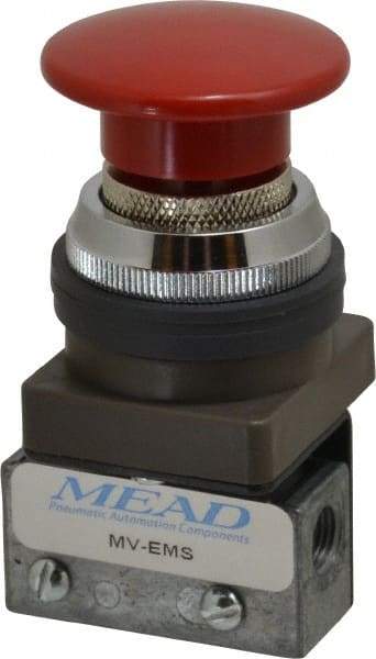 Mead - 1/8" NPT Emergency Stop Manual Valve - 3 Ports, 3-Way, 2-Position Detent, Emergency Stop Push Button Red & Manual Return - All Tool & Supply