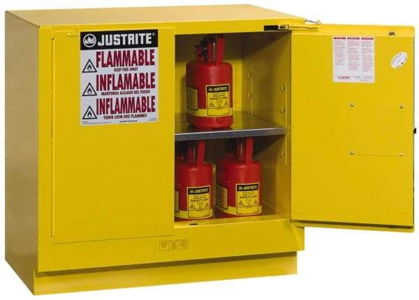 Justrite - 2 Door, 1 Shelf, Yellow Steel Under the Counter Safety Cabinet for Flammable and Combustible Liquids - 35" High x 35" Wide x 22" Deep, Self Closing Door, 22 Gal Capacity - All Tool & Supply