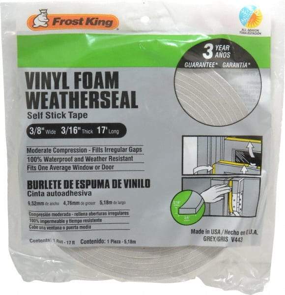 Frost King - 17' Long x 3/8" Wide, Closed Cell PVC Foam Tape Weatherstripping - PVC, Gray Finish - All Tool & Supply