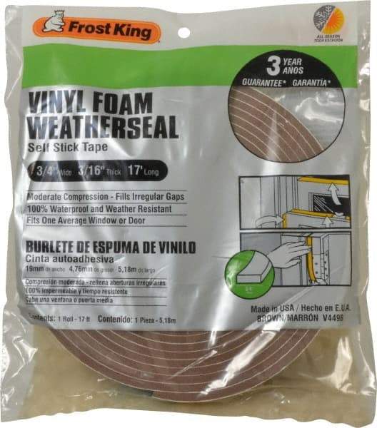 Frost King - 17' Long x 3/4" Wide, Closed Cell PVC Foam Tape Weatherstripping - PVC, Brown Finish - All Tool & Supply