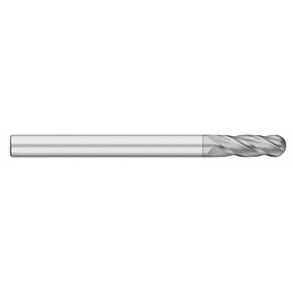 Ball End Mill: 0.4375″ Dia, 3″ LOC, 4 Flute, Solid Carbide 6″ OAL, 7/16″ Shank Dia, 30 ° Helix, TiCN Coated, Single End