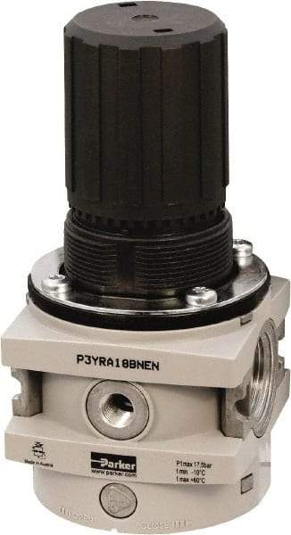 Parker - 1 NPT Port, 550 CFM, Aluminum Hi-Flow Regulator - 0 to 174 psi Range, 254 Max psi Supply Pressure, 1/4" Gauge Port Thread, 3-1/2" Wide x 7.2" High - All Tool & Supply