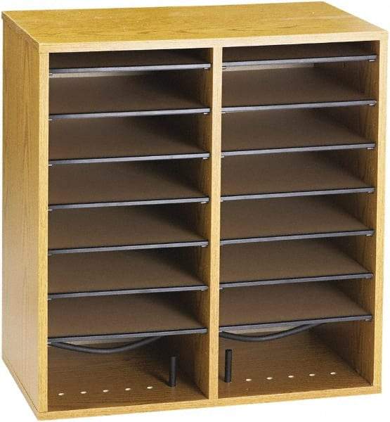 Safco - 19-1/2" Wide x 21" High x 11-3/4" Deep Laminated Compressed Wood Document Organizer - 16 Compartments, Medium Oak, 9" Wide x 2-1/4" High x 11-1/2" Deep Compartment - All Tool & Supply