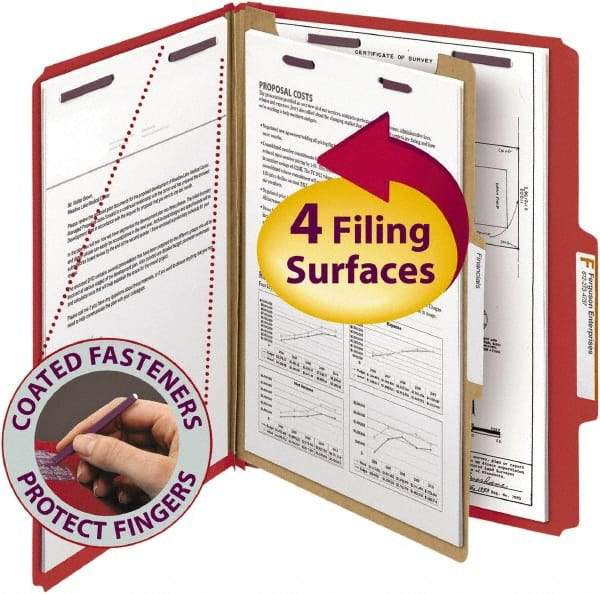 SMEAD - 8-1/2 x 11", Letter Size, Bright Red, Classification Folders with Top Tab Fastener - 23 Point Stock, Right of Center Tab Cut Location - All Tool & Supply