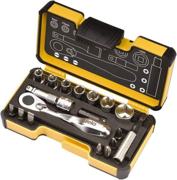 Felo - 18 Piece, 1/4" Drive Screwdriver Mini-Ratchet Bit Kit - #1 to #3 Phillips, 3/16, 1/4 & 9/32" Slotted - All Tool & Supply