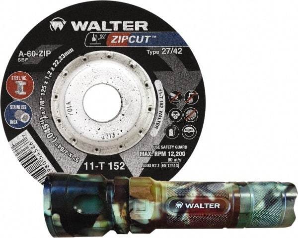 WALTER Surface Technologies - 60 Grit, 4-1/2" Wheel Diam, 3/64" Wheel Thickness, 7/8" Arbor Hole, Type 27 Depressed Center Wheel - Coarse Grade, Aluminum Oxide, Resinoid Bond, 13,300 Max RPM, Compatible with Angle Grinder - All Tool & Supply