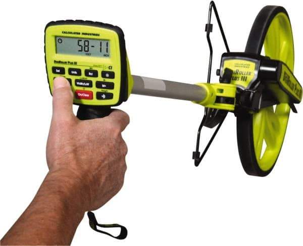 Calculated Industries - 9,999,999' Counter Limit, 45" OAL, Fluorescent Green Measuring Wheel - 99.5" Accuracy per 100", Measures in Feet, Meters, Yards & Inches - All Tool & Supply