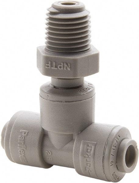 Parker - 1/2" Outside Diam, 3/8 NPTF, Acetal Push-to-Connect Tube Male Swivel Branch Tee - 250 Max psi, Gray - All Tool & Supply