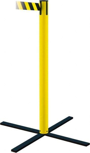 Tensator - 36" High, 5" Pole Diam, Stowaway Post - 22-3/4" Base Diam, Flat Metal Base, Yellow Plastic Post, 7-1/2' x 2" Tape, Single Line Tape, For Outdoor Use - All Tool & Supply