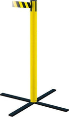 Tensator - 36" High, 5" Pole Diam, Stowaway Post - 22-3/4" Base Diam, Flat Metal Base, Yellow Plastic Post, 13' x 2" Tape, Single Line Tape, For Outdoor Use - All Tool & Supply