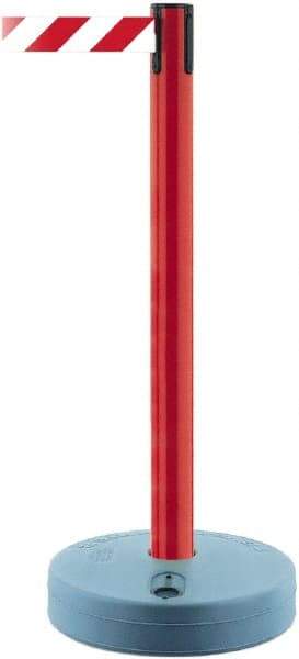 Tensator - 38" High, 2-1/2" Pole Diam, Barricade Tape Dispenser - 14" Base Diam, Round Plastic Base, Red Polymer Post, 7-1/2' x 1-7/8" Tape, Single Line Tape, For Outdoor Use - All Tool & Supply