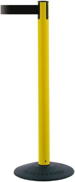 Tensator - 38" High, 2-1/2" Pole Diam, Barricade Tape Dispenser - 14" Base Diam, Round Stainless Steel Base, Yellow Polymer Post, 7-1/2' x 1-7/8" Tape, Single Line Tape, For Outdoor Use - All Tool & Supply