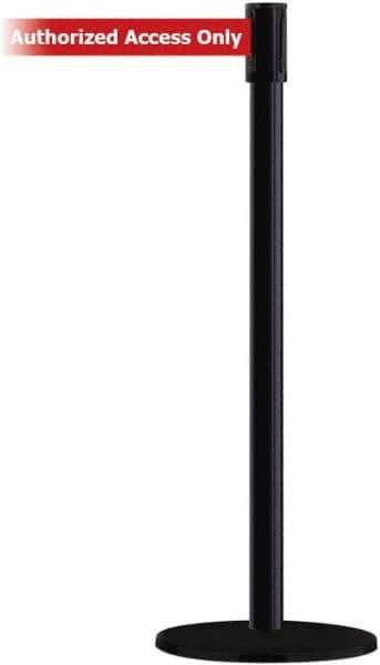 Tensator - 38" High, 2" Pole Diam, Barricade Tape Dispenser - 14" Base Diam, Round Plastic Base, Black Steel Post, 13' x 1-7/8" Tape, Single Line Tape, For Outdoor Use - All Tool & Supply