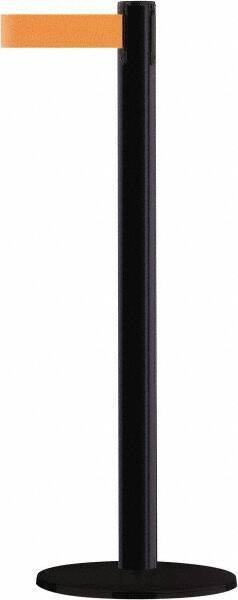 Tensator - 38" High, 2-1/2" Pole Diam, Barricade Tape Dispenser - 14" Base Diam, Round Stainless Steel Base, Black Steel Post, 13' x 1-7/8" Tape, Single Line Tape, For Outdoor Use - All Tool & Supply