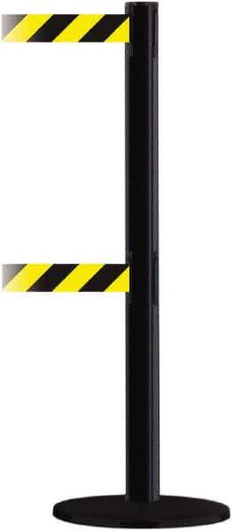 Tensator - 38" High, 2-1/2" Pole Diam, Barricade Tape Dispenser - 14" Base Diam, Round Plastic Base, Black Steel Post, 13' x 1-7/8" Tape, Dual Line Tape, For Outdoor Use - All Tool & Supply