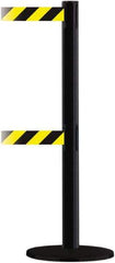 Tensator - 38" High, 2-1/2" Pole Diam, Barricade Tape Dispenser - 14" Base Diam, Round Plastic Base, Black Steel Post, 13' x 1-7/8" Tape, Dual Line Tape, For Outdoor Use - All Tool & Supply