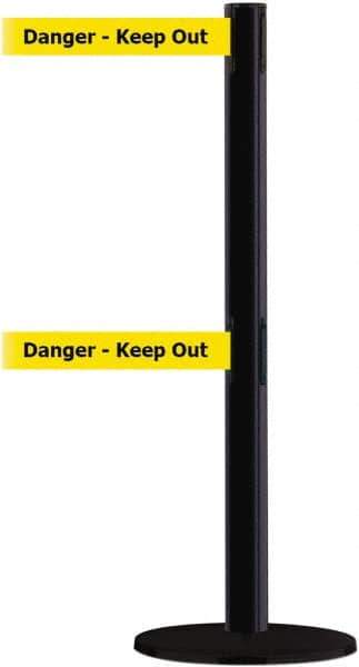 Tensator - 38" High, 2-1/2" Pole Diam, Barricade Tape Dispenser - 14" Base Diam, Round Plastic Base, Black Steel Post, 7-1/2' x 1-7/8" Tape, Dual Line Tape, For Outdoor Use - All Tool & Supply